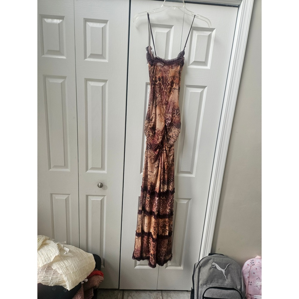 Jaded London Maxi Dress With Open Neck Animal Print Mesh Ruffle Brown JWD3788 4